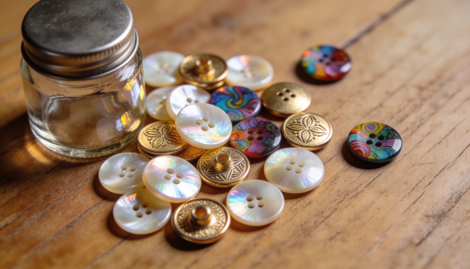 Botones de nácar, dorados y de fantasía junto a un tarro de cristal