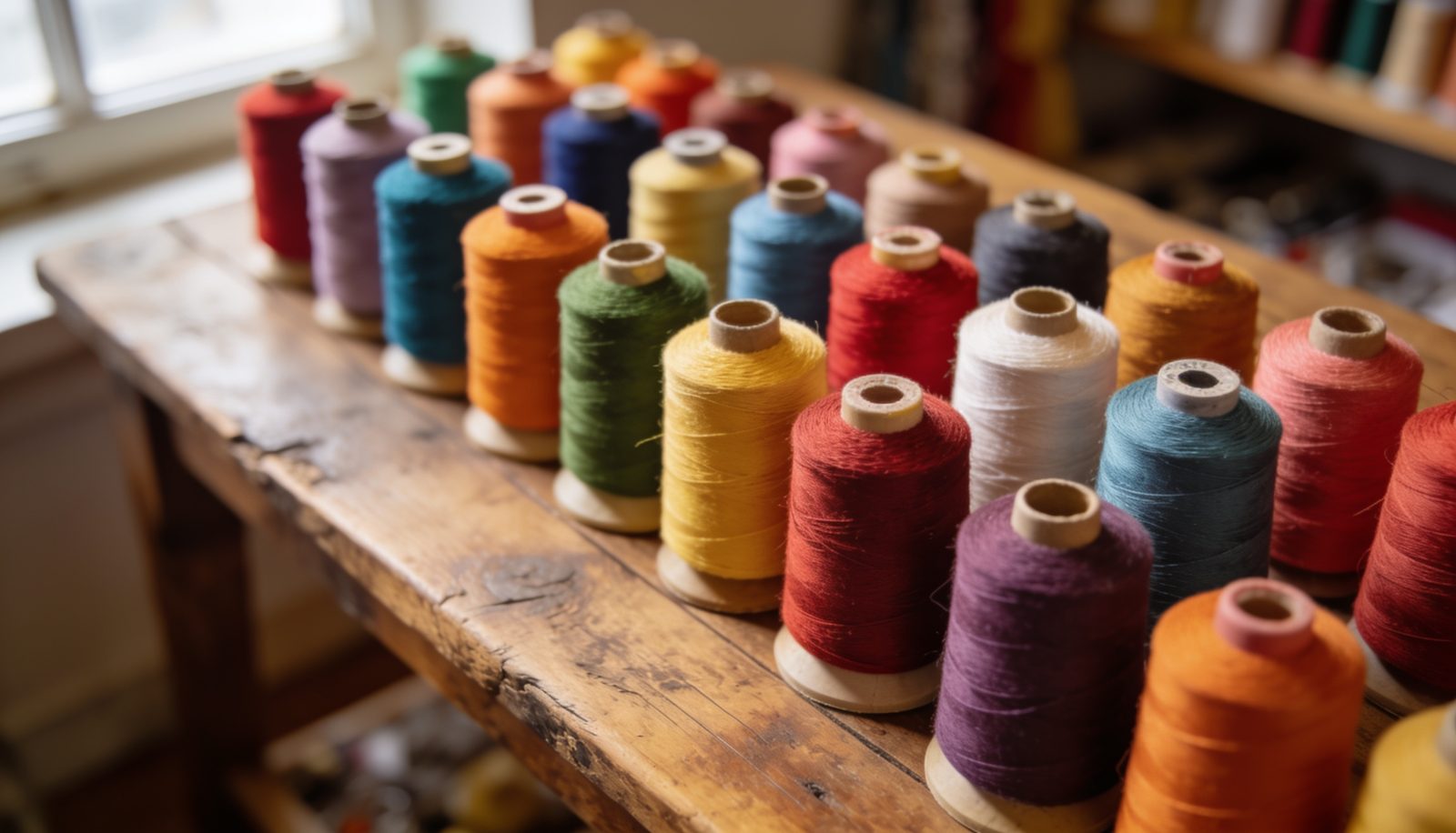 Bobinas de hilo de coser de colores sobre mesa de madera