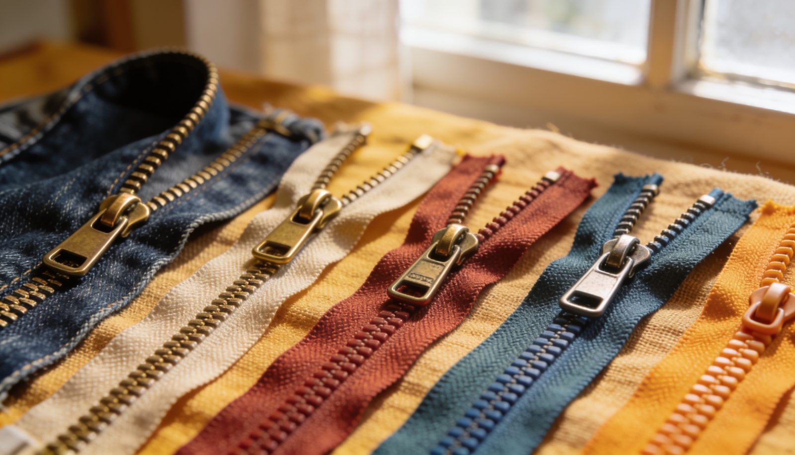 Cremalleras metálicas y de nylon de varios colores sobre tela