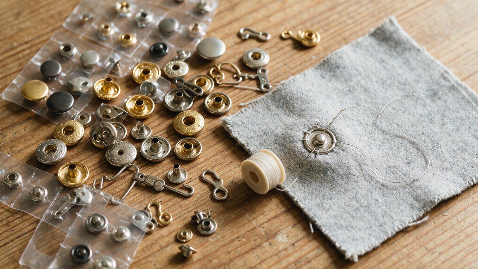 Broches, corchetes y automáticos variados junto a tela con uno cosido